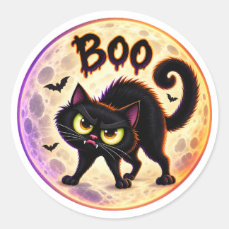 Sticker Rond Bouh ! Chat noir grincheux et Halloween pleine lun