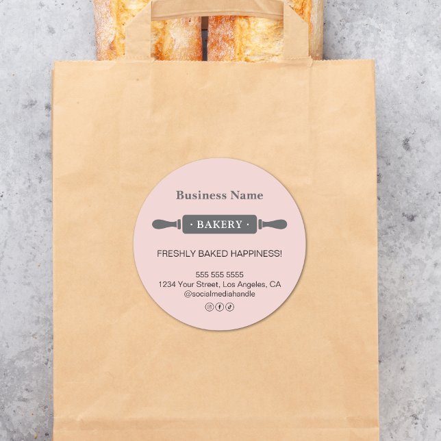 Sticker Rond Boulangerie à rouleaux moderne Pink Business (Modern Rolling Pin Bakery Pink Business Classic Round Sticker)