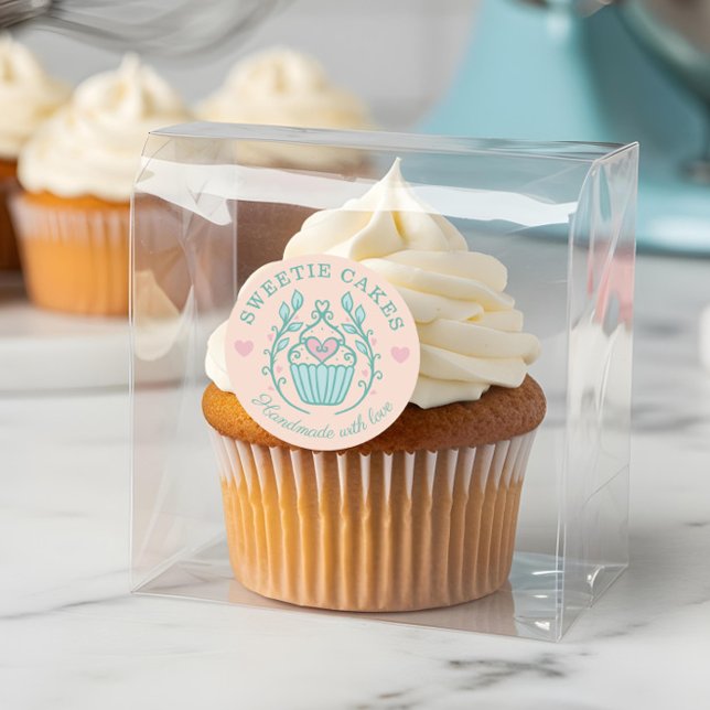 Sticker Rond Boulangerie de style floral Cupcake Logo rose pâle (Floral Style Bakery Cupcake Logo Blush Pink Classic Round Sticker)