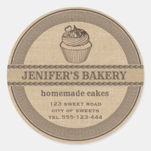 Sticker Rond Boulangerie en lin vintage Boulangerie en cupcakes