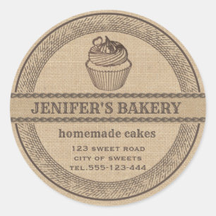 Sticker Rond Boulangerie en lin vintage Boulangerie en cupcakes