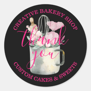 Sticker Rond Boulangerie Pâtisserie Chef mignon rose noir merci