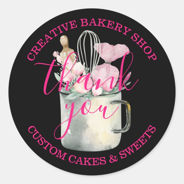 Sticker Rond Boulangerie Pâtisserie Chef mignon rose noir merci (Devant)