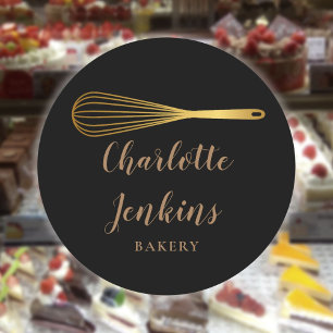 Sticker Rond Boulangerie Whisk Noir Et Or Pâtisserie Script