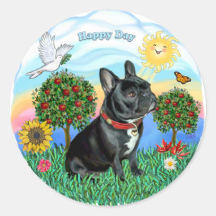 Sticker Rond Bouledogue français (collier noir-rouge)