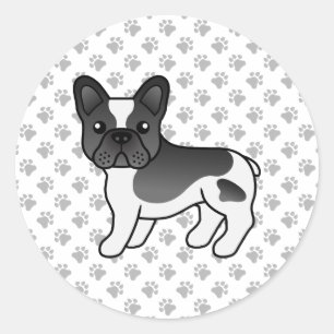 Sticker Rond Bouledogue Français Pie Noir Mignon Chien de Dessi