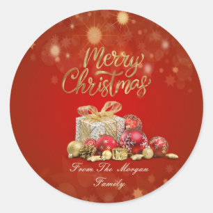 Sticker Rond Boules de Noël rouges, Présents Joyeux Noël