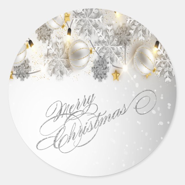 Sticker Rond Boules de Noël, Snowflakes, Lumières, Joyeux Noël (Devant)