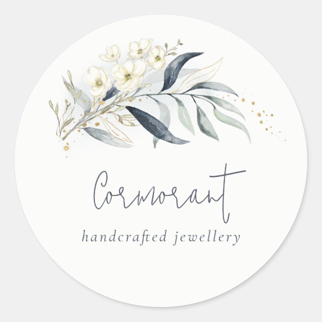 Sticker Rond Bouquet Botanique Feuillu Vert Bleu Or (Devant)