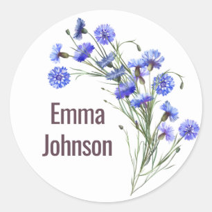Sticker Rond Bouquet de Bleuet sur Fond Blanc 