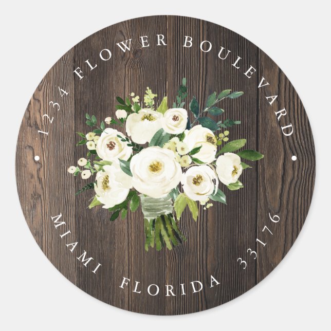 Sticker Rond Bouquet de bois de fleurs blanches Russe Adresse d (Devant)