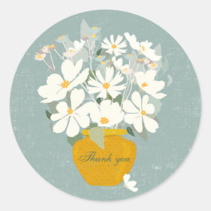 Sticker Rond Bouquet de fleurs blanches bleues vase d'or Merci