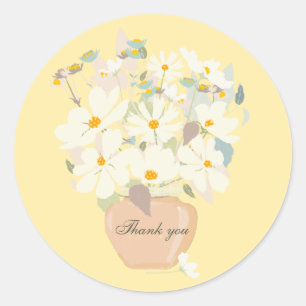 Sticker Rond Bouquet de fleurs blanches bleues vase rose Merci