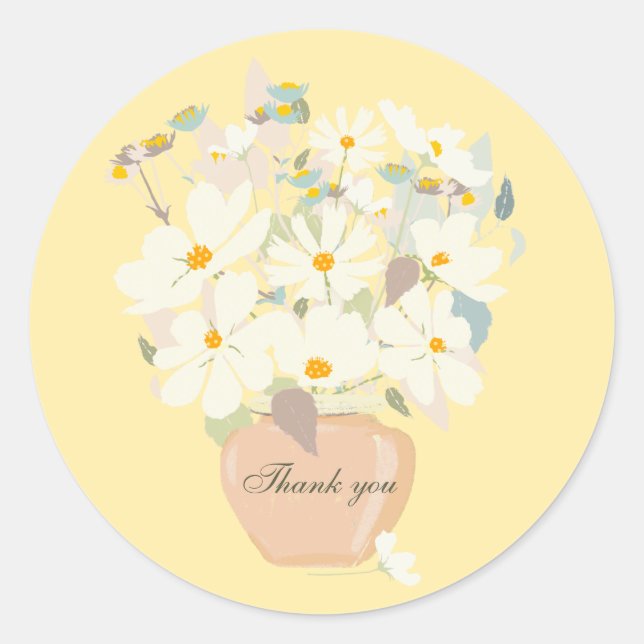 Sticker Rond Bouquet de fleurs blanches bleues vase rose Merci (Devant)