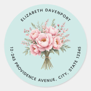 Sticker Rond Bouquet de fleurs de pivoine rose joli Adresse