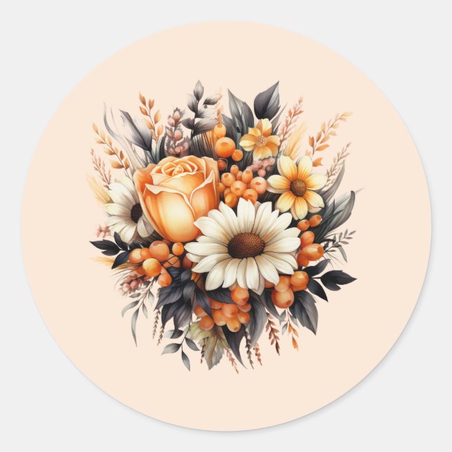 Sticker Rond Bouquet de fleurs gris-jaune orange (Devant)