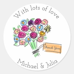 Sticker Rond Bouquet de fleurs illustré personnalisé Merci