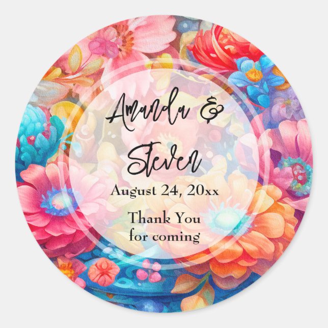 Sticker Rond Bouquet de fleurs Merci Mariage rose et orange (Devant)