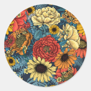 Sticker Rond Bouquet de fleurs - roses, pivoines, marguerites e