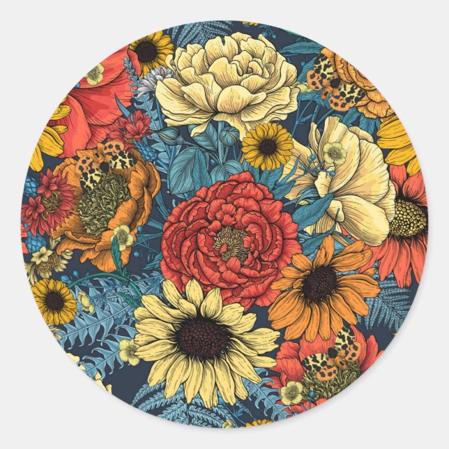 Sticker Rond Bouquet de fleurs - roses, pivoines, marguerites e (Devant)