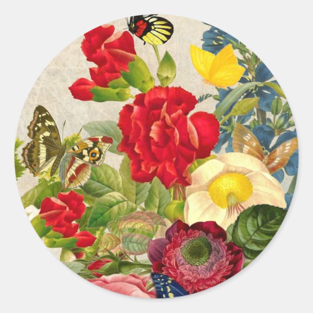 Sticker Rond Bouquet de fleurs vintages aux papillons (Devant)