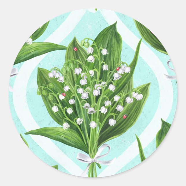 Sticker Rond Bouquet de lis de la vallée fleurs sur le bleu (Devant)
