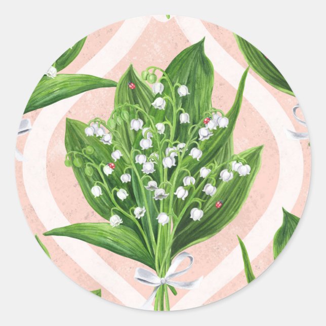 Sticker Rond Bouquet de lys de la vallée fleurs sur rose (Devant)