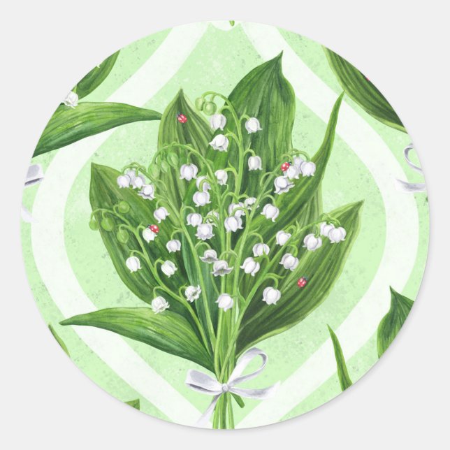 Sticker Rond Bouquet de lys de la vallée fleurs sur vert (Devant)