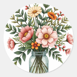 Sticker Rond Bouquet de mariage floral rustique en pot Mason bo