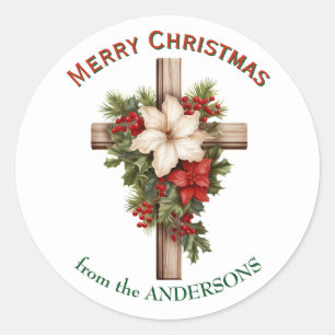 Sticker Rond Bouquet de poinsettia Croix de Noël