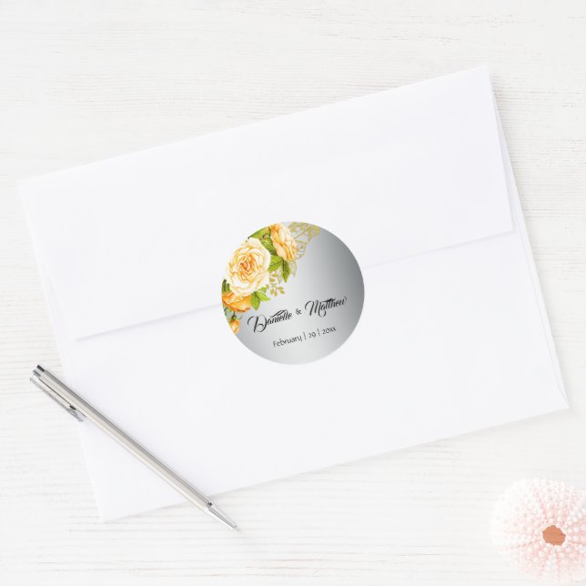 Sticker Rond Bouquet de rose jaune Mariage d'argent (Enveloppe)