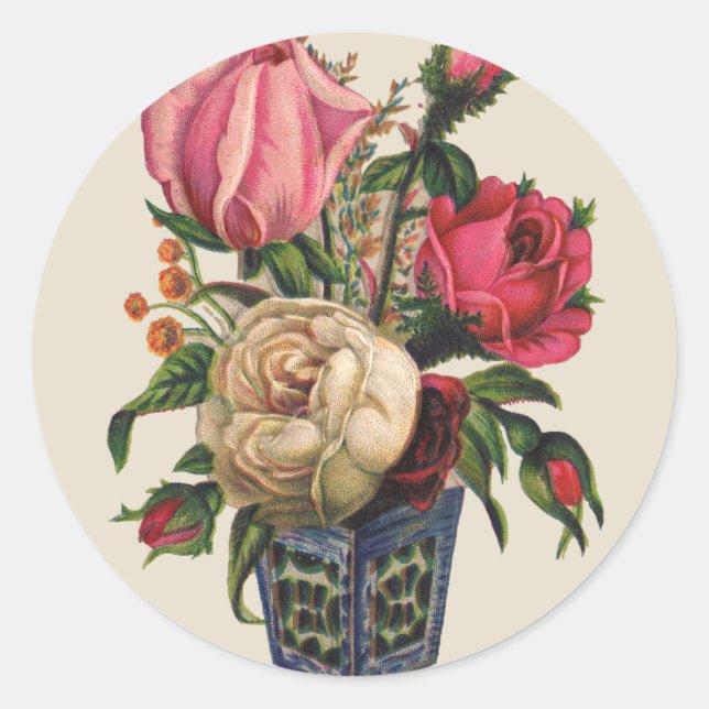 Sticker Rond Bouquet de roses à fleurs de style victorien rose (Devant)