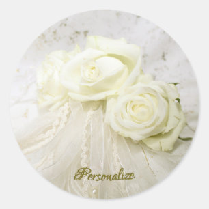 Sticker Rond Bouquet de roses blanches Voile en dentelle vintag