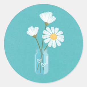Sticker Rond Bouquet de simples marguerites blanches Mason Jar