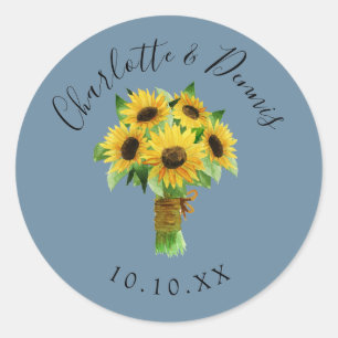 Sticker Rond Bouquet de tournesol aquarelle et mariage bleu
