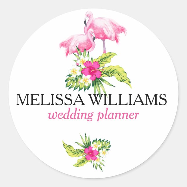 Sticker Rond Bouquet Flamants roses roses et fleurs tropicales (Devant)
