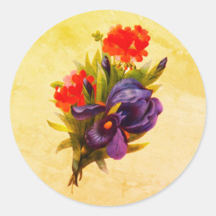Sticker Rond Bouquet Fleur Iris Bleu Art Vintage