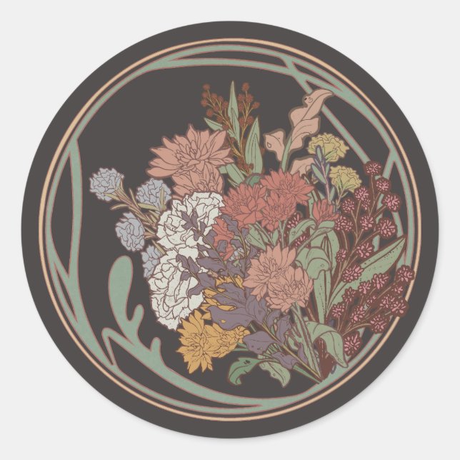 Sticker Rond Bouquet floral Art Nouveau foncé et Moody (Devant)