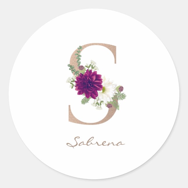 Sticker Rond Bouquet floral Dahlia rose or monogramme S (Devant)