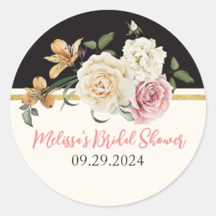Sticker Rond Bouquet floral noir, ivoire, or
