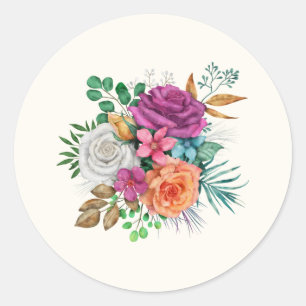 Sticker Rond Bouquet floral rose, orange et blanc