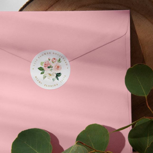 Sticker Rond Bouquet rose clair moderne Botanique Adresse de re (Créateur téléchargé)