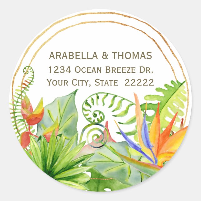 Sticker Rond Bouquet tropical Aquarelle Florale Adresse de reto (Devant)