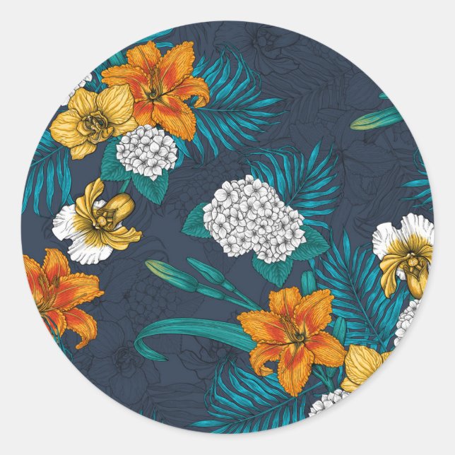 Sticker Rond Bouquet tropical sur bleu (Devant)