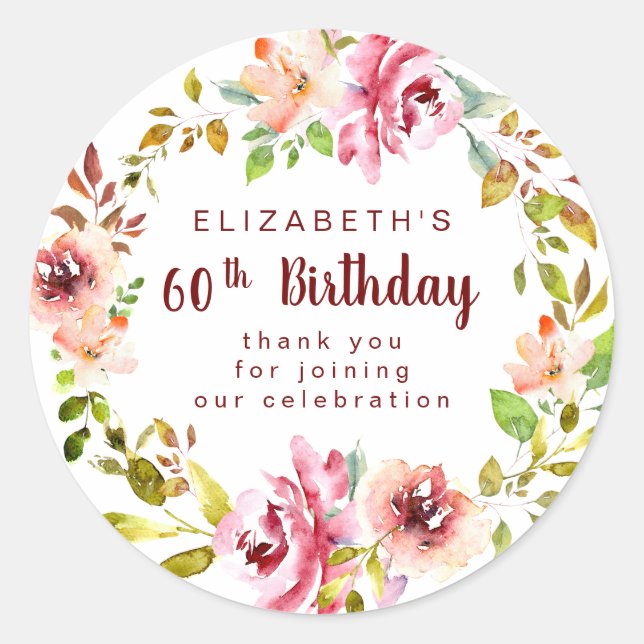 Sticker Rond Bourgogne 60e anniversaire Floral Wreath Merci (Devant)