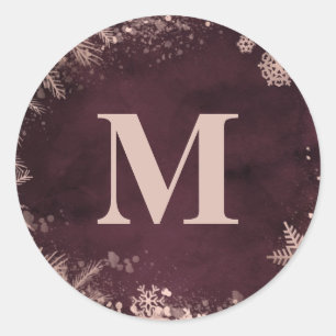 Sticker Rond Bourgogne avec monogramme Rose Gold Winter Wedding