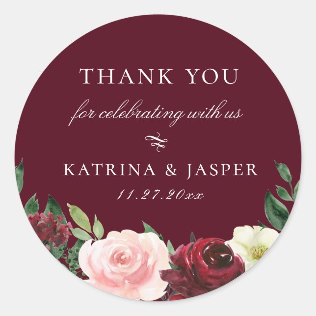 Sticker Rond Bourgogne Blush Floral Wedding Favoriser (Devant)