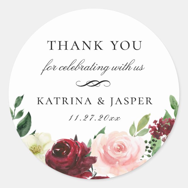 Sticker Rond Bourgogne Blush Floral Wedding Favoriser (Devant)