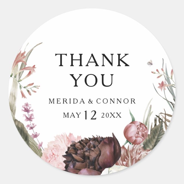 Sticker Rond Bourgogne Boho Floral Merci Mariage Faveur (Devant)