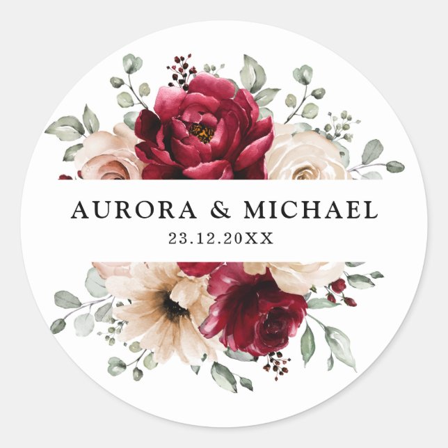 Sticker Rond Bourgogne Champagne Ivory Mauve Rose Floral Mariag (Devant)